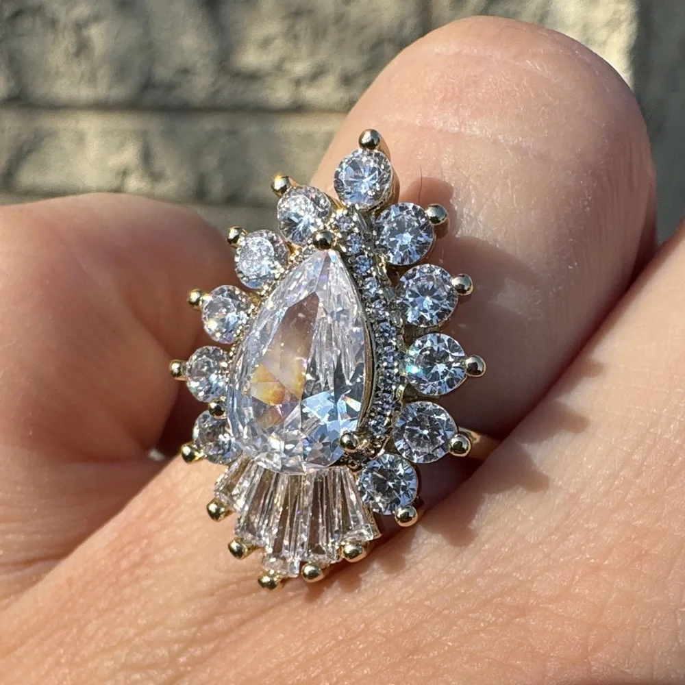 Gold Plated Teardrop Halo Ring baguettes & CZ Size 8 Wedding Engagement